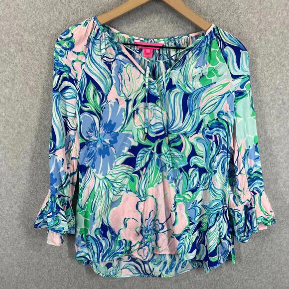 Lilly Pulitzer Tops - Lilly Pulitzer Willa Tunic Top Flounce Sleeve Women's XS Tie V Neck Preppy Beach